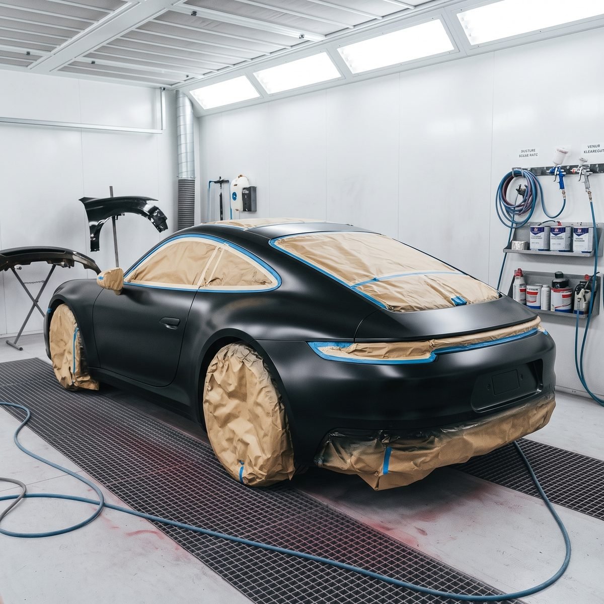 Voiture masquée en cabine de peinture, prête pour la mise en peinture — CG PAINT