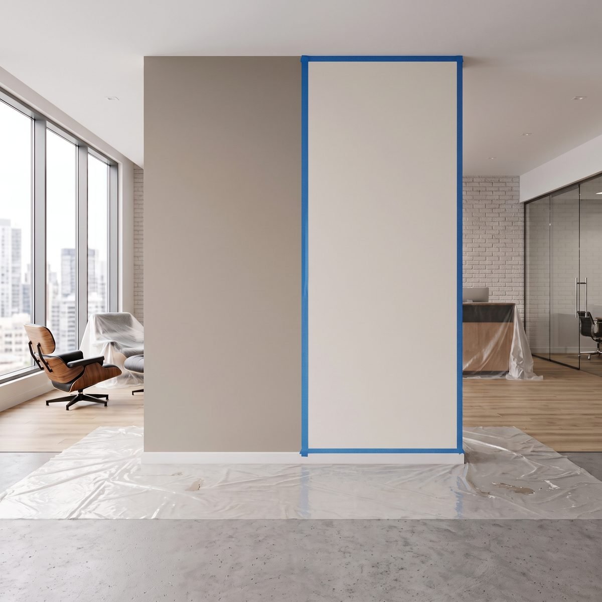 Intérieur en cours de préparation avant peinture : murs protégés au ruban, sols bâchés — CG PAINT