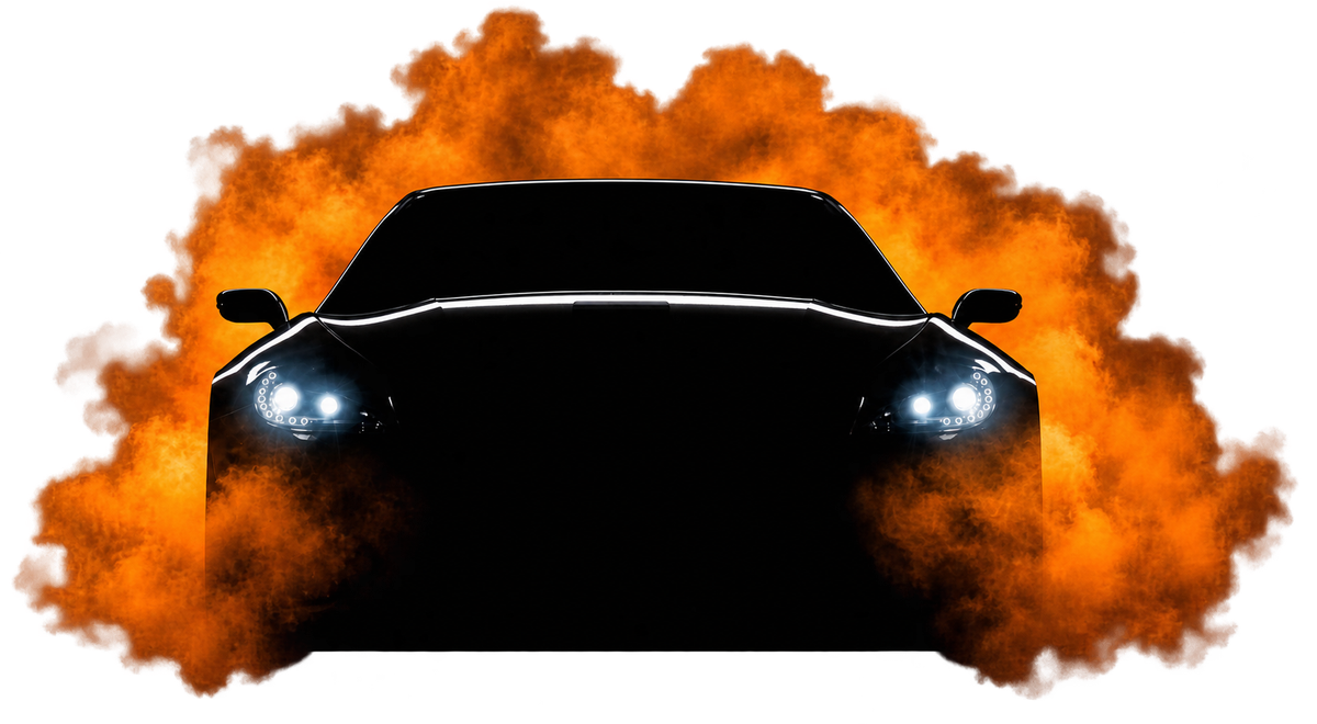 Voiture de sport noire aux phares allumés, entourée de fumée orange — CG PAINT